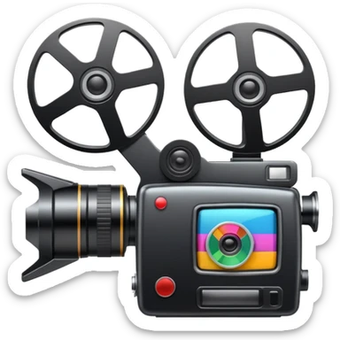 video camera with checkmark and film reel, finished materials, clean and vibrant sticker