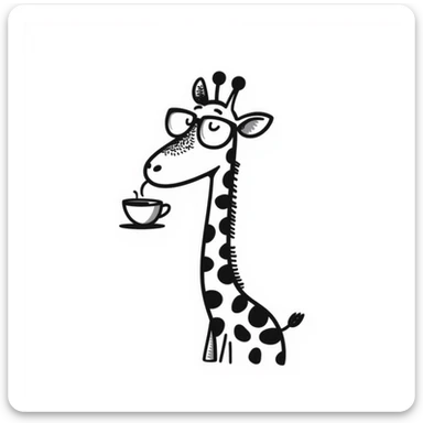 Giraffe with silly glasses trying to drink from a tiny tea cup sticker