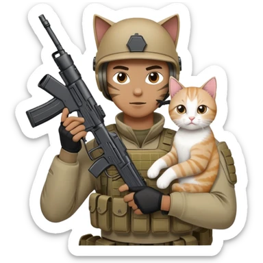 Man in tactical airsoft gear holding a gun in one hand and a white and brown cat in the other hand sticker