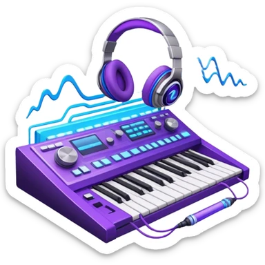 Create a sleek and modern emoji that represents sound design. The design should feature sound waves, a sound mixing console, and a pair of studio headphones to symbolize the process of creating and shaping sound. Include elements like a synthesizer or audio effects buttons to highlight the creative tools used in sound design. Use futuristic colors like neon blue, purple, and silver to convey the cutting-edge, experimental nature of sound creation. The background should be transparent. sticker