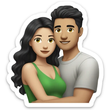 Light skin Asian man with straight black undercut hair and a white brunette woman with green eyes and long wavy hair tightly hugging each other  sticker