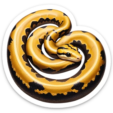 A photo-realistic top-down view of a Ball Python gently coiled into a tight spiral, with its head resting peacefully at the center. Its scales are warm brown with bold, irregular black markings, including the distinctive “alien-head” pattern, flowing smoothly along its body.  sticker
