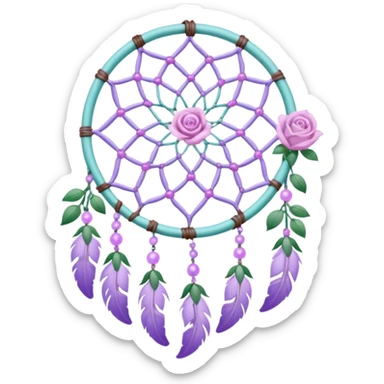 Lavender lilac pastel purple dreamcatcher-suncatcher with lavender flowers and lilac flowers attached, cyan beads, white beads, rose-pink beads, green leaves sticker