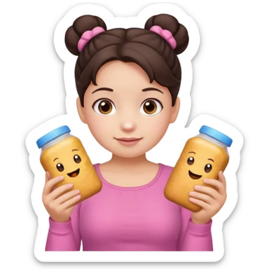 Cute small Toddler emoji with two buns dark brown hair, fair skin, in pink top, holding toddler snacks sticker