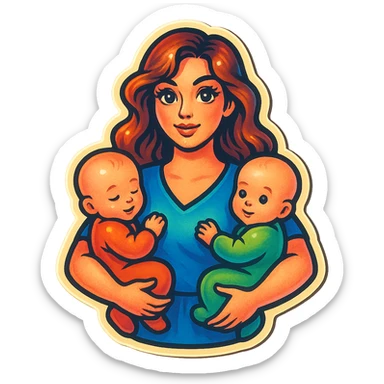 a mother standing with two babies in her arms, long wavy hair, big expressive eyes and lips, retro stickers style sticker