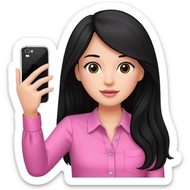 black long haired woman with pink blouse holding her phone having selfie sticker