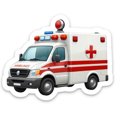 A modern white-and-red ambulance van with flashing rooftop siren.
 sticker