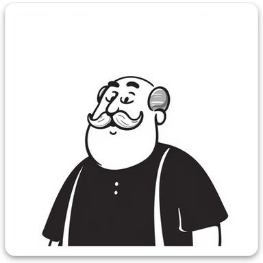 an elderly fat hairy grandpa, with a bushy mustache and balding head, wearing suspenders, hand-drawn doodle style sticker