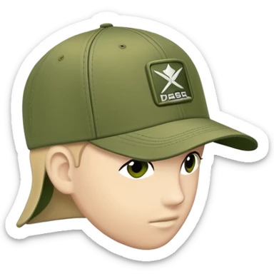 Army green Diesel cap, baseball hat with Diesel brand logo visible, khaki colored headwear, side view sticker