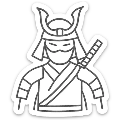 minimalist hand-drawn outline icon of a Japanese samurai warrior sticker