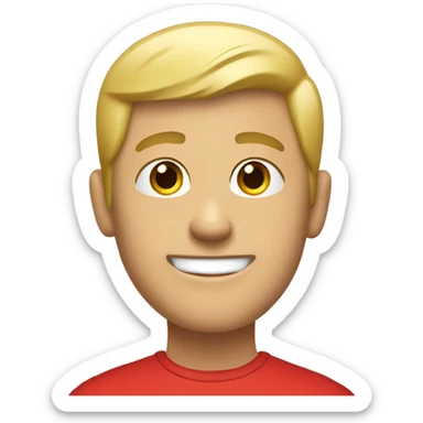 A blonde guy with very short hair wears a red t-shirt and poses with a smile sticker