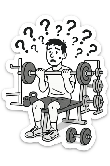 Uomo in palestra mentre si allena con tanti punti interrogativi intorno, confuso sticker