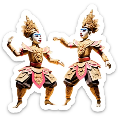 ​Cinematic Realistic Wayang Golek Ayun-ayun Dancers, depicted as intricately carved traditional wooden puppets in dynamic dance poses, adorned with vibrant painted details and expressive features, set against a softly lit stage that evokes centuries of Indonesian cultural heritage, rendered with lifelike textures and dramatic atmospheric lighting, sticker