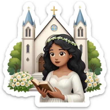 Chica cabello ondulado negro, piel mestiza, con un lunar en el pululo izquierdo, pensado en Dios una biblia , una iglesia, tener una boda, tener hijos, una casa, flores, cantar  sticker