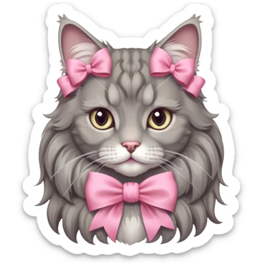 A grey Maine coon NeckWearing a pink Rococo style Bow ribbon sticker