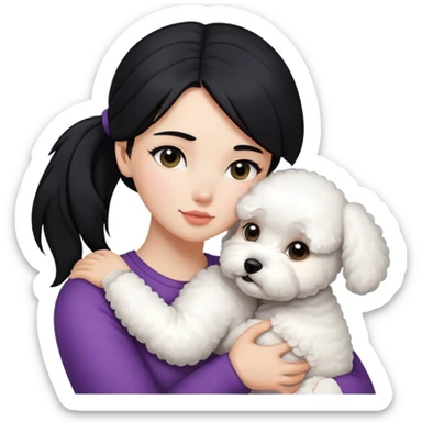 One long face girl with straight black hair in a ponytail，hugging one Bichon frise sticker