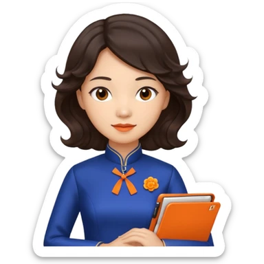 Teacher emoji but : wavy dark brown hair, light skin, no glasses, dark eyes, with a computer folder in the hand (color is orange), being a teacher, wearing a chinese qipao ( dark blue)


 sticker