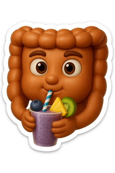EMOJI STILE IPHONE DI un intestino umano anatomico che beve un frullato di mirtilli, ananas, kiwi, fagli anche la parte bianca degli occhi, non solo le pupille, REALISTICo 4K sticker