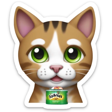 sokoke cat with a white torso and marbeled colors on his face (brown, black and with green eyes) smiling and closing an eye. Holding with a paw a whiskas cat food sachet sticker