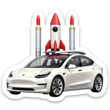 Tesla model 3 white.  Rockets mounted on roof sticker
