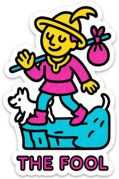 The Fool tarot card emoji, whimsical traveler with a small bag, white dog, cliff, vibrant detailed style sticker