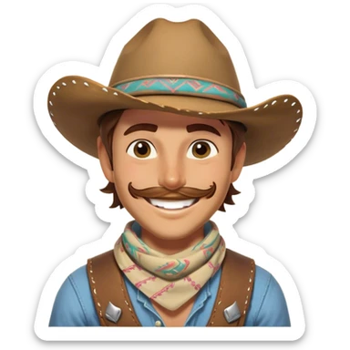 Clash of Clans aesthetic Playful Cowboy Portrait Emoji, Head tilted with a roguish, cheeky grin and twinkling eyes, featuring a compact, charming build with a jaunty hat and a friendly bandana, his natural skin tone adding authenticity, Simplified yet irresistibly charming features, highly detailed, glowing with a warm, inviting western glow, high shine, spirited and lively, stylized with an air of whimsical frontier mischief, soft glowing outline, capturing the essence of a playful cowboy exuding friendly rogue charm! sticker