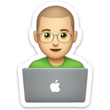 young software engineer buzz cut hair in front of laptop, apple-style sticker