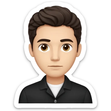 He’s a man with light to medium skin, a defined oval face, full brows, deep-set eyes, and wavy short dark brown tall hair styled with height, sides are trimmed. expression calm and focused relaxed black open-collar .polished, articulate, and coach vibe. sticker