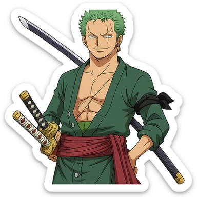 Zoro Roronoa from One Piece, anime style, green hair, three swords, confident expression sticker