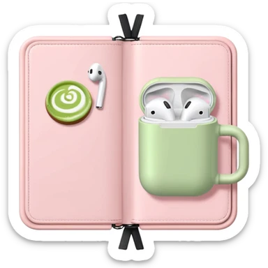 Open pastel pink planner with white AirPods and a cup of matcha latte sticker