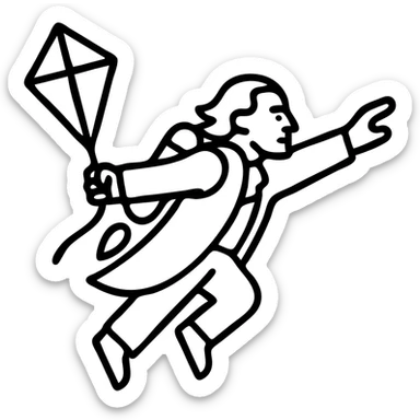 Ben Franklin flying with jetpack, left hand holding diamond kite, right arm reaching forward, clean modern black outline, startup logo sticker