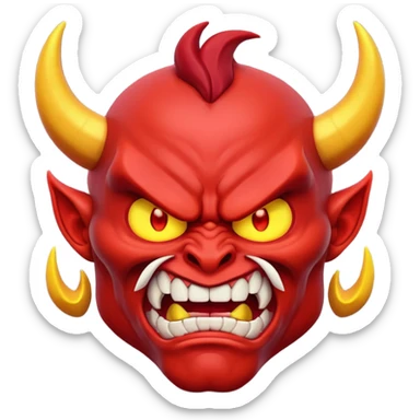 Muscular red demon emoji, 3D cartoon style, angry face, glowing eyes, unique horns. sticker
