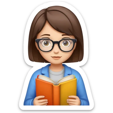 girl with short brown hair, wearing glasses and holding a book sticker
