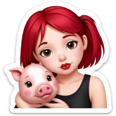 Girl with black and red hair split dyed down the middle. She is kissing a cute pig  sticker