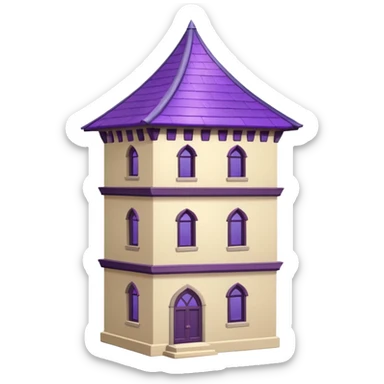 a single tall seclusion tower with large windows above, a purple roof and cream walls, and no entrance sticker