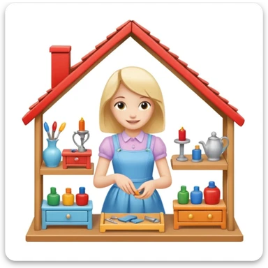 smiling girl arranging furniture in doll house sticker