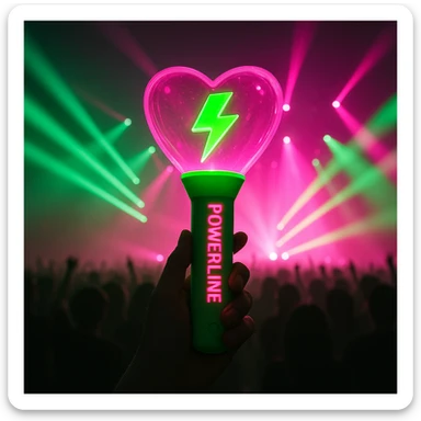 green and pink K-Pop lightstick with 'POWERLINE' on the handle, dramatic concert lighting, crowd silhouettes sticker