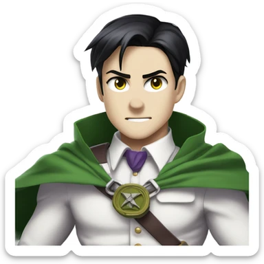 captain levi attack on titans emo black hair wearing a white button down shirt and a green cape saying short king in purple sticker