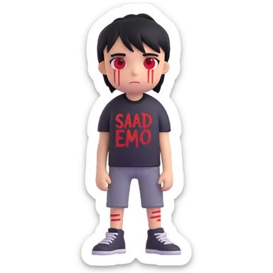 sad emo character, visible scars, black rock shirt with red writing, dark aesthetic sticker