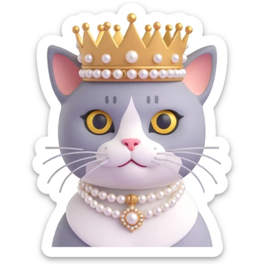 a posh cat wearing a pearl necklace and a tiny crown, looking proud and sophisticated sticker