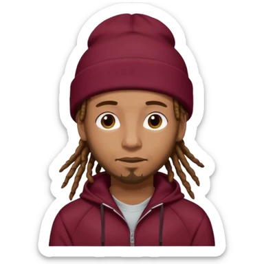 Animate a caramel skinned male with brown dreads and a tan colored  beanie. Wearing a burgundy tracksuit on with no beard  sticker