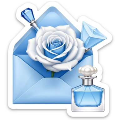 white-blue rose next to a pearl-colored envelope and a flacon of aesthetically pleasing perfume in powder blue  sticker