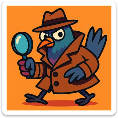 a cartoon pigeon with a trench coat and magnifying glass, looking sneaky, vibrant toon style sticker