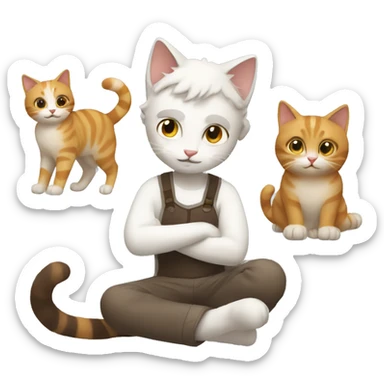 A man playing with one of chaos cat and one of white brown cat. sticker
