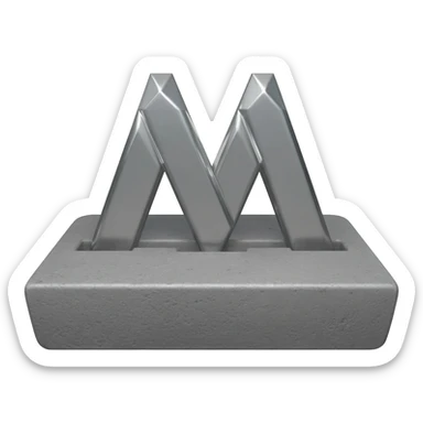 ...Minimalist 3D emoji based on: massive polished chrome geometric 'M' raised metal relief, integrated central on deeply impressed bare heel in rough grey concrete. Harsh shadows, high contrast. Isolated on white --no background sticker