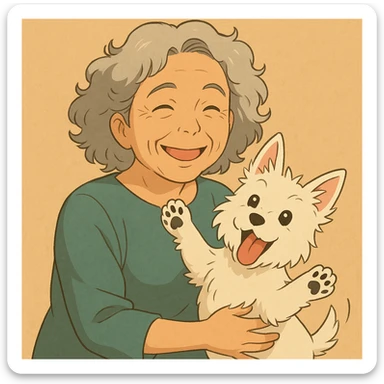 Make the Westie dog playful, with a joyful pose or playful look, keep the 50-year-old lady with silver curly hair smiling sticker