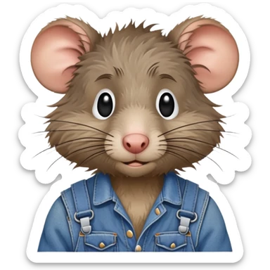 Disheveled rat wearing blue denim overalls, messy fur, looking tired and scruffy sticker