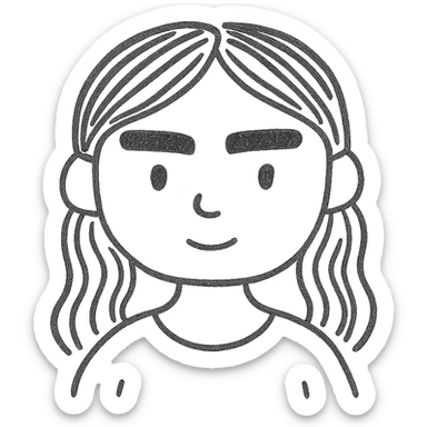 girl with brown hair and thick eyebrows, hand drawn outlined icon sticker