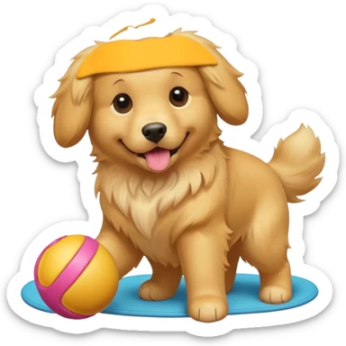 Golden retriever dog with a toy sticker