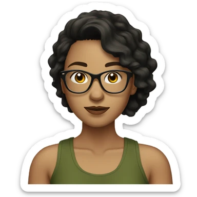 white skined woman with wavy black hair with a olive green tank top with glasses tortoise  sticker